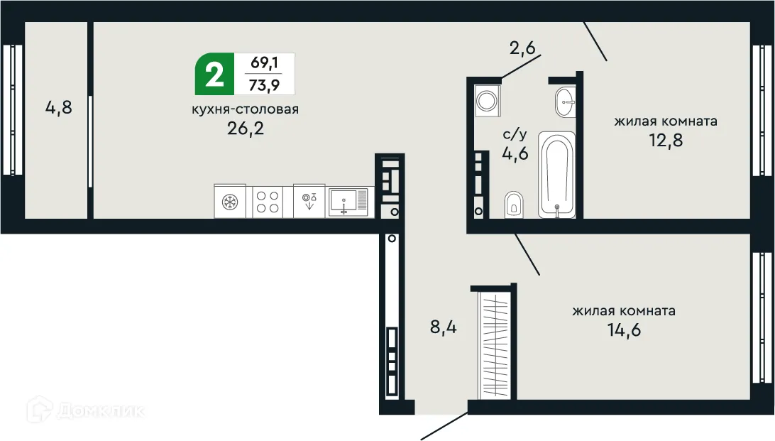 Планировка 2-комнатной квартиры 73.9 м² в ЖК Европейский квартал Green Park (Грин Парк), г. Верхняя Пышма — фото 2