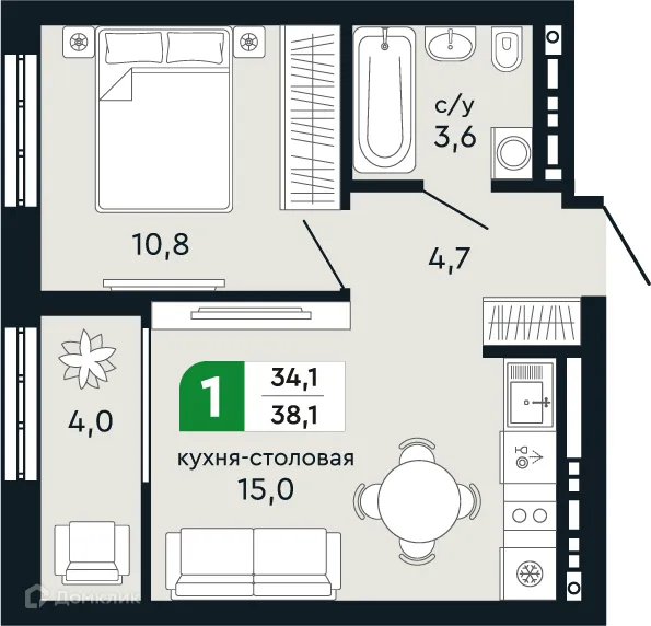 Планировка 1-комнатной квартиры 38.1 м² в ЖК Европейский квартал Green Park (Грин Парк), г. Верхняя Пышма — фото 1