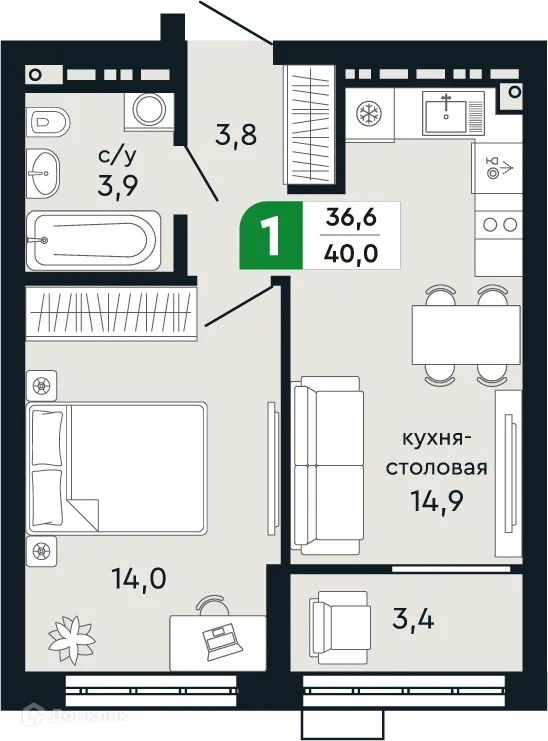 Планировка 1-комнатной квартиры 40 м² в ЖК Европейский квартал Green Park (Грин Парк), г. Верхняя Пышма — фото 1