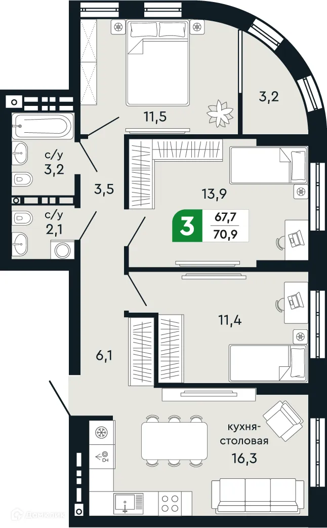 Планировка 3-комнатной квартиры 70.9 м² в ЖК Европейский квартал Green Park (Грин Парк), г. Верхняя Пышма — фото 1