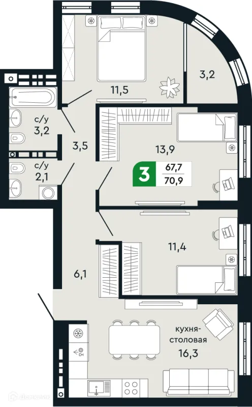 Планировка 3 комн. в ЖК Европейский квартал Green Park (Грин Парк)