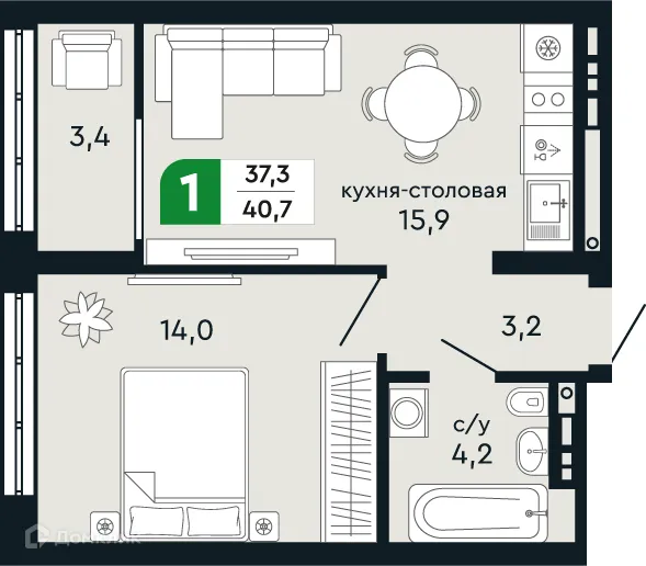 Планировка 1-комнатной квартиры 40.7 м² в ЖК Европейский квартал Green Park (Грин Парк), г. Верхняя Пышма — фото 1