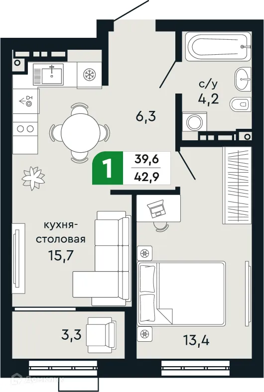 Планировка 1-комнатной квартиры 42.9 м² в ЖК Европейский квартал Green Park (Грин Парк), г. Верхняя Пышма — фото 1