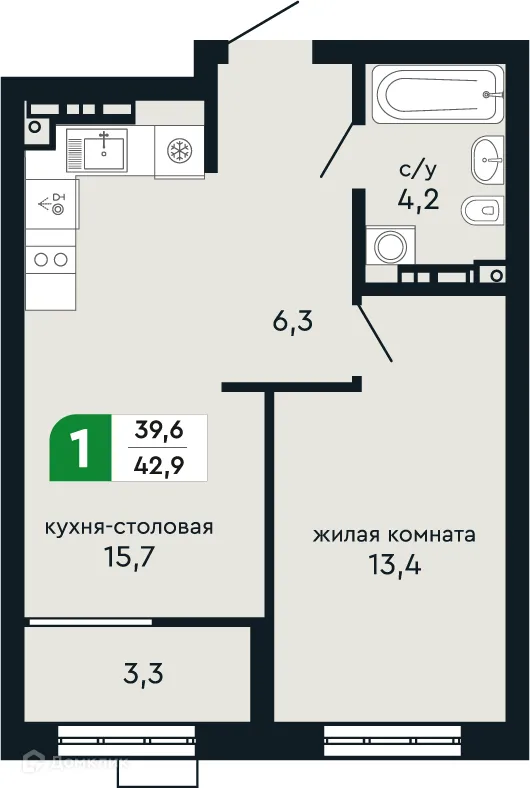 Планировка 1-комнатной квартиры 42.9 м² в ЖК Европейский квартал Green Park (Грин Парк), г. Верхняя Пышма — фото 2