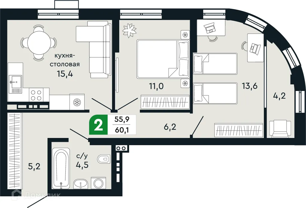 Планировка 2-комнатной квартиры 60.1 м² в ЖК Европейский квартал Green Park (Грин Парк), г. Верхняя Пышма — фото 1