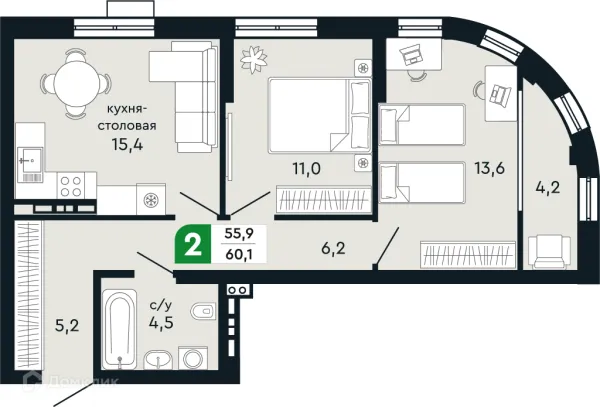 Планировка 2 комн. в ЖК Европейский квартал Green Park (Грин Парк)