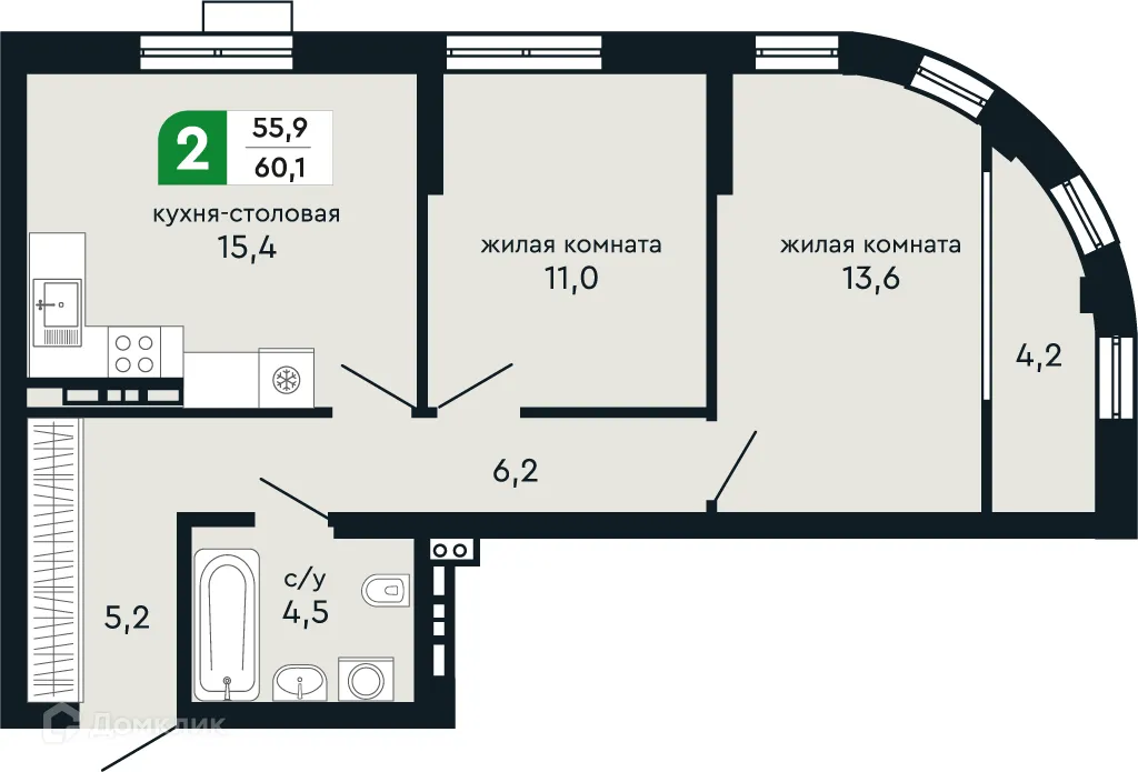 Планировка 2-комнатной квартиры 60.1 м² в ЖК Европейский квартал Green Park (Грин Парк), г. Верхняя Пышма — фото 2
