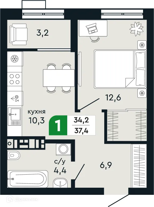 Планировка 1-комнатной квартиры 37.4 м² в ЖК Европейский квартал Green Park (Грин Парк), г. Верхняя Пышма — фото 1