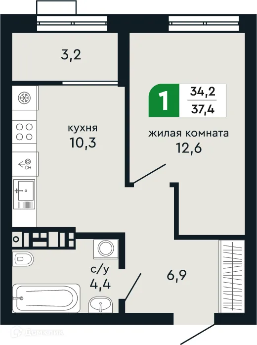Планировка 1-комнатной квартиры 37.4 м² в ЖК Европейский квартал Green Park (Грин Парк), г. Верхняя Пышма — фото 2