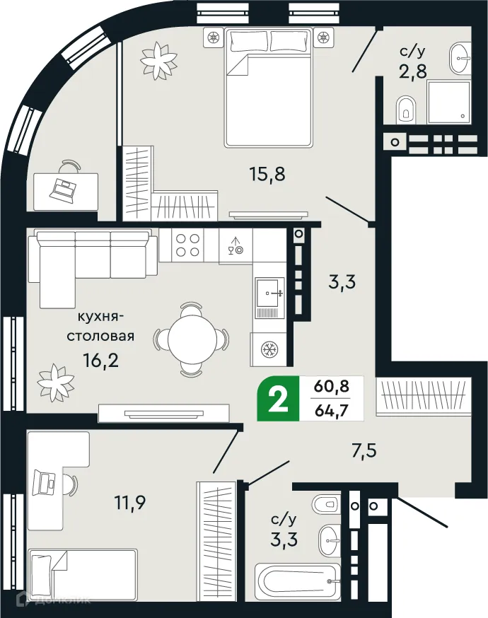 Планировка 2-комнатной квартиры 64.7 м² в ЖК Европейский квартал Green Park (Грин Парк), г. Верхняя Пышма — фото 1