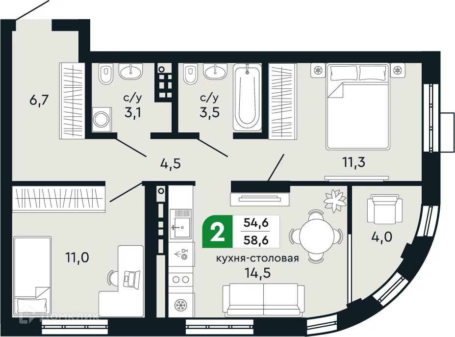 Планировка 2-комнатной квартиры 58.6 м² в ЖК Европейский квартал Green Park (Грин Парк), г. Верхняя Пышма — фото 1