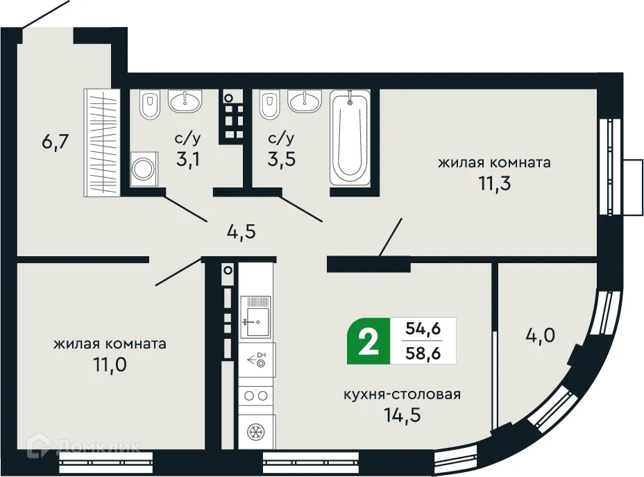 Планировка 2-комнатной квартиры 58.6 м² в ЖК Европейский квартал Green Park (Грин Парк), г. Верхняя Пышма — фото 2
