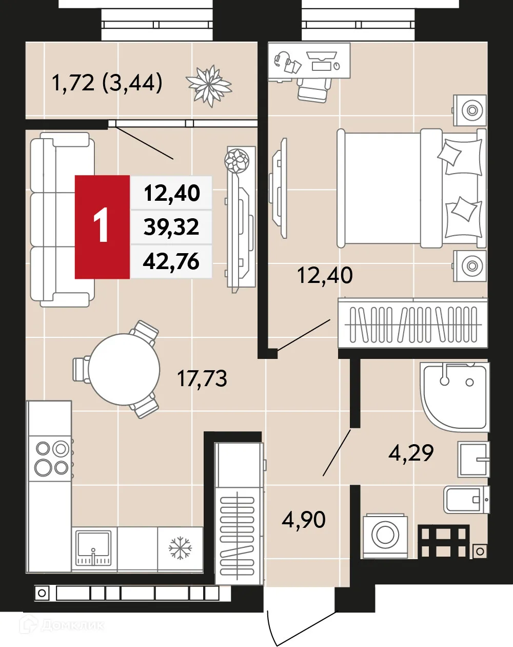 Планировка 1-комнатной квартиры 42.76 м² в ЖК Невский квартал, г. Верхняя Пышма — фото 1