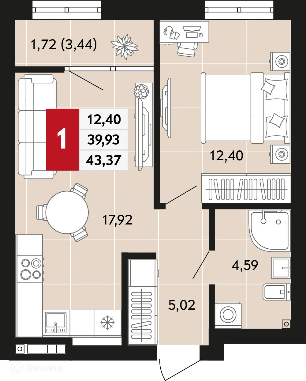 Планировка 1-комнатной квартиры 43.37 м² в ЖК Невский квартал, г. Верхняя Пышма — фото 1