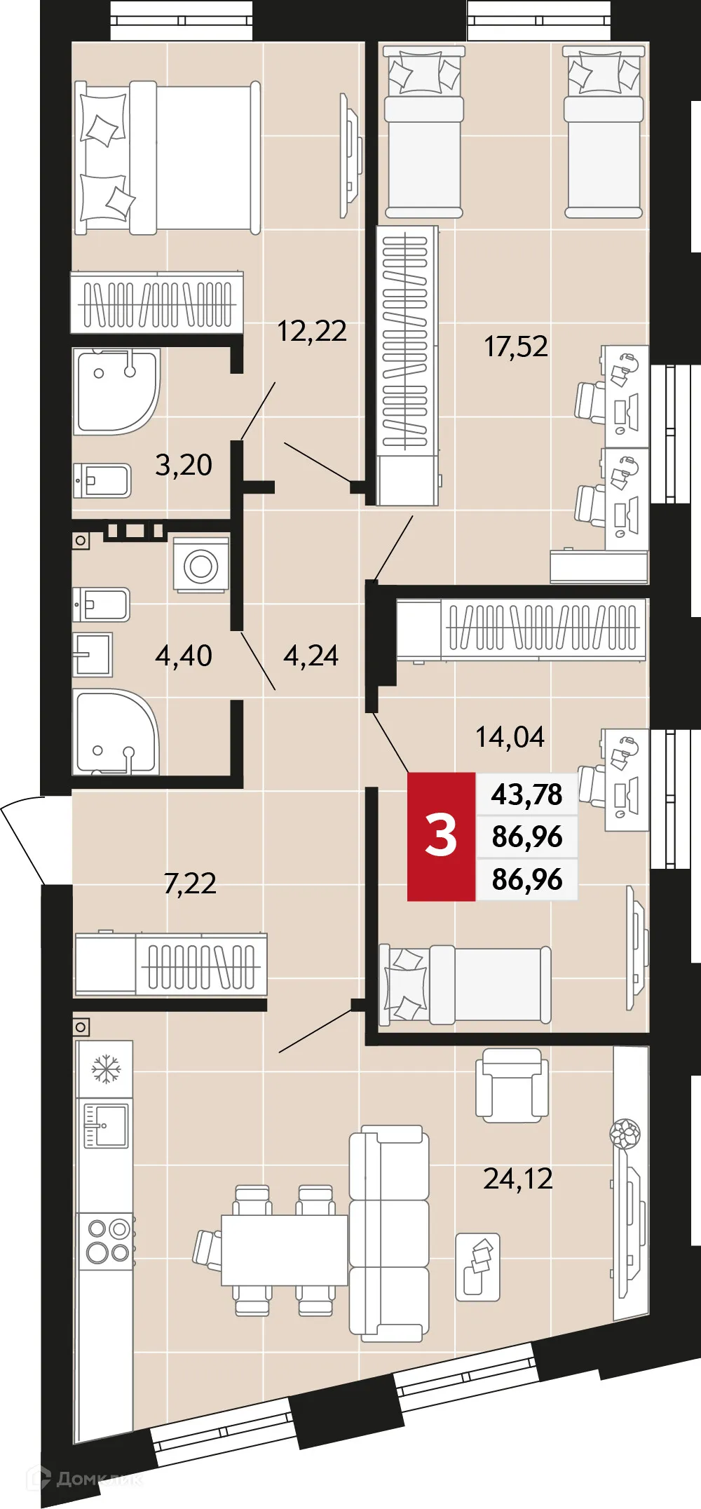 Планировка 3-комнатной квартиры 86.96 м² в ЖК Невский квартал, г. Верхняя Пышма — фото 1