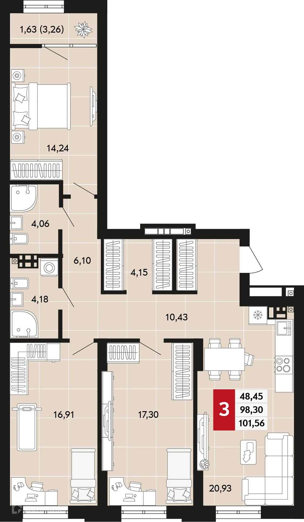 Планировка 3-комнатной квартиры 101.56 м² в ЖК Невский квартал, г. Верхняя Пышма — фото 1