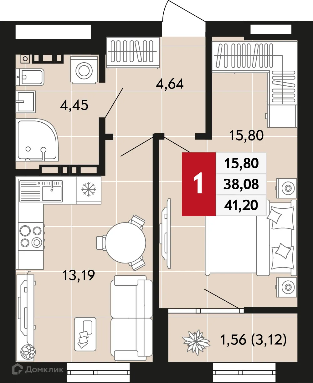 Планировка 1-комнатной квартиры 41.2 м² в ЖК Невский квартал, г. Верхняя Пышма — фото 1