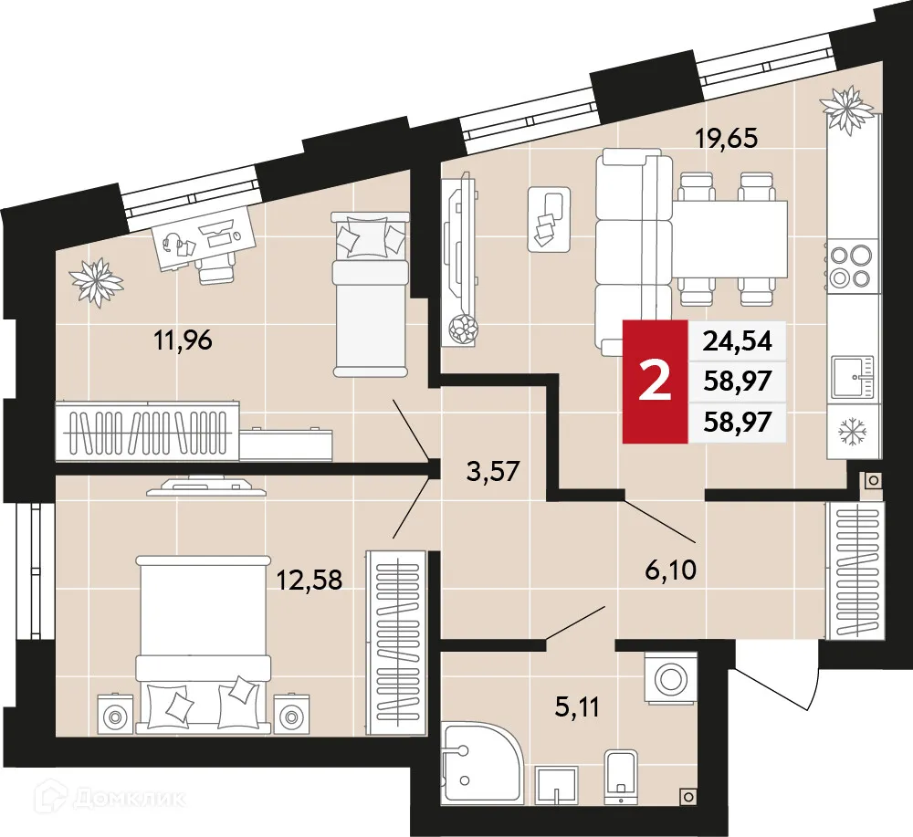 Планировка 2-комнатной квартиры 58.97 м² в ЖК Невский квартал, г. Верхняя Пышма — фото 1