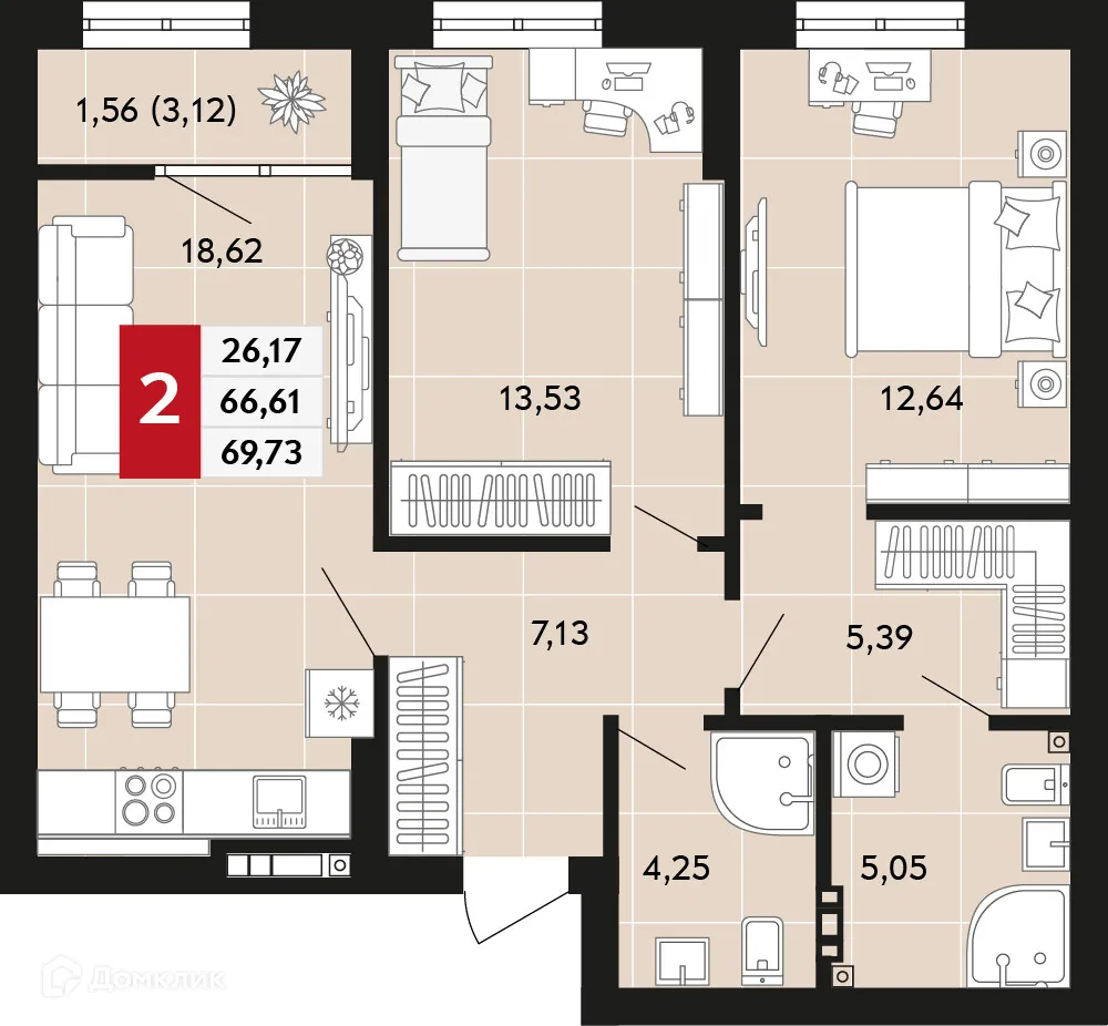 Планировка 2-комнатной квартиры 69.73 м² в ЖК Невский квартал, г. Верхняя Пышма — фото 1