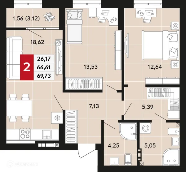 Планировка 2 комн. в ЖК Невский квартал