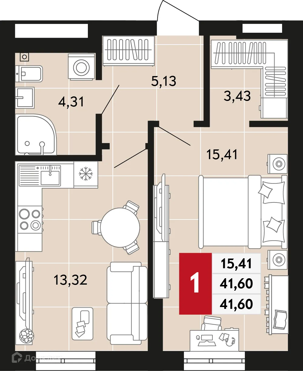 Планировка 1-комнатной квартиры 41.6 м² в ЖК Невский квартал, г. Верхняя Пышма — фото 1
