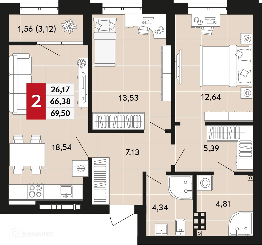 Планировка 2-комнатной квартиры 69.5 м² в ЖК Невский квартал, г. Верхняя Пышма — фото 1