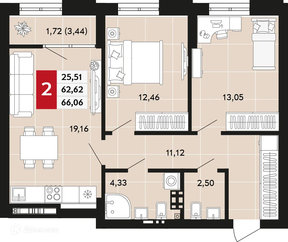 Планировка 2-комнатной квартиры 66.06 м² в ЖК Невский квартал, г. Верхняя Пышма — фото 1