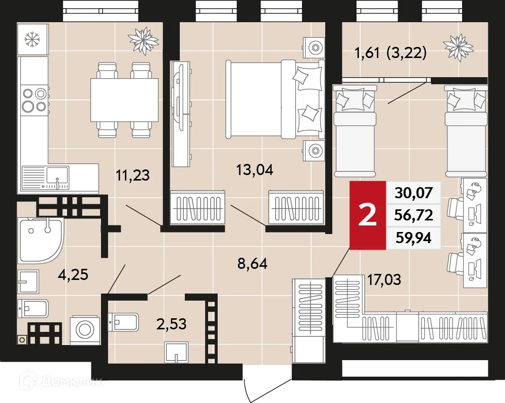 Планировка 2-комнатной квартиры 59.94 м² в ЖК Невский квартал, г. Верхняя Пышма — фото 1