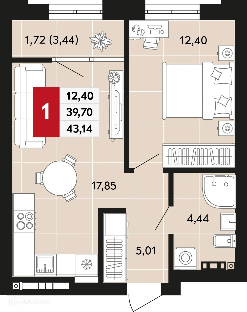 Планировка 1-комнатной квартиры 43.14 м² в ЖК Невский квартал, г. Верхняя Пышма — фото 1