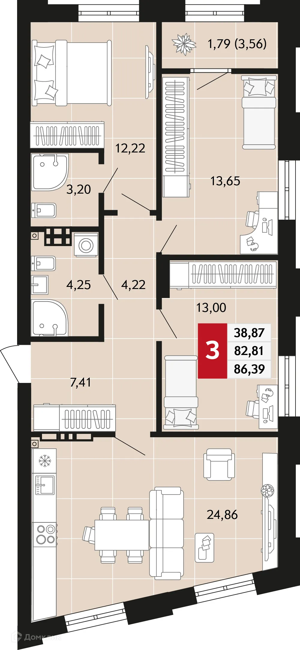 Планировка 3-комнатной квартиры 86.39 м² в ЖК Невский квартал, г. Верхняя Пышма — фото 1