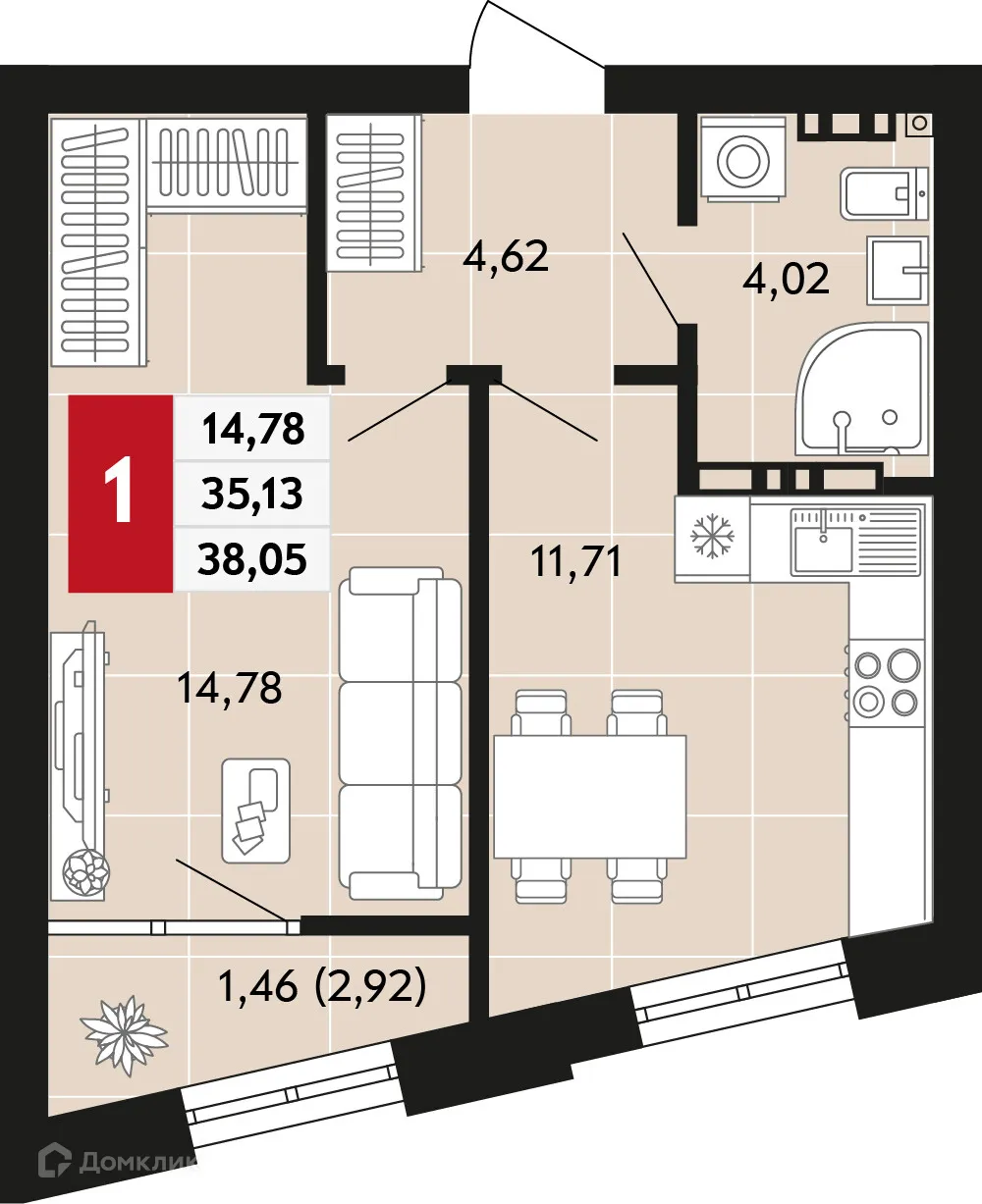 Планировка 1-комнатной квартиры 38.05 м² в ЖК Невский квартал, г. Верхняя Пышма — фото 1