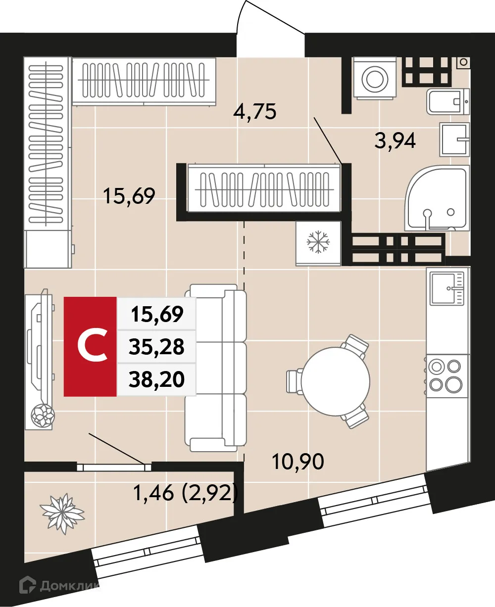 Планировка 1-комнатной квартиры 38.2 м² в ЖК Невский квартал, г. Верхняя Пышма — фото 1
