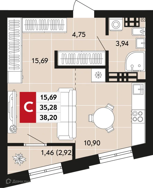 Планировка 1 комн. в ЖК Невский квартал