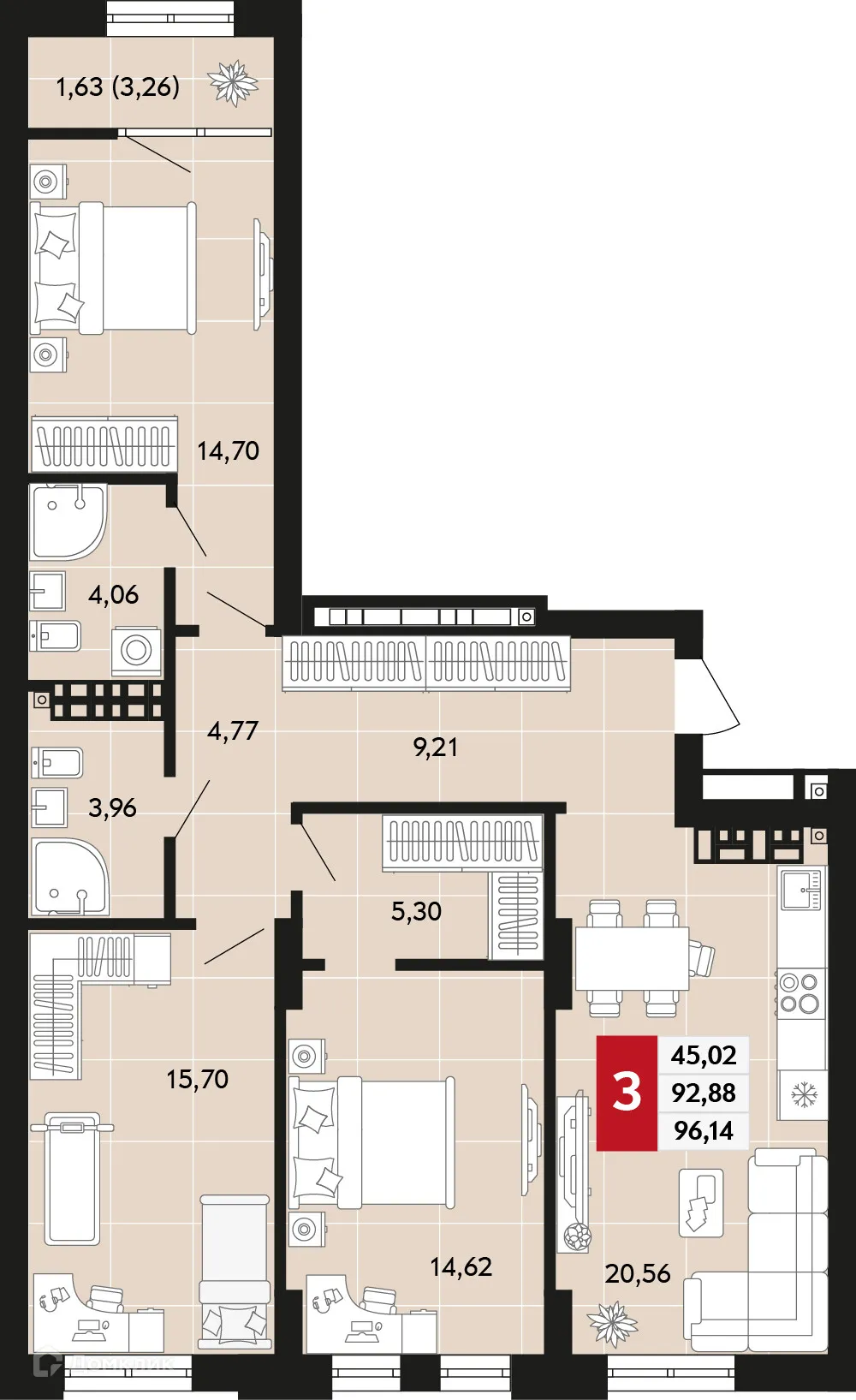 Планировка 3-комнатной квартиры 96.14 м² в ЖК Невский квартал, г. Верхняя Пышма — фото 1