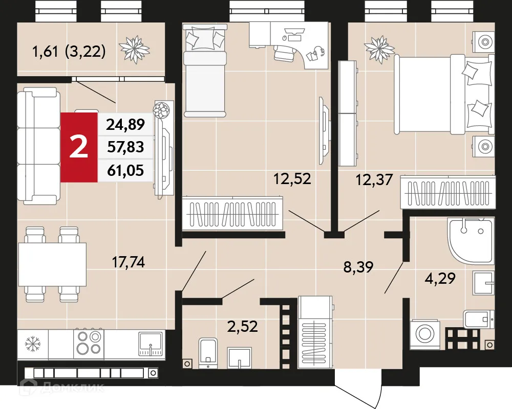 Планировка 2-комнатной квартиры 61.05 м² в ЖК Невский квартал, г. Верхняя Пышма — фото 1