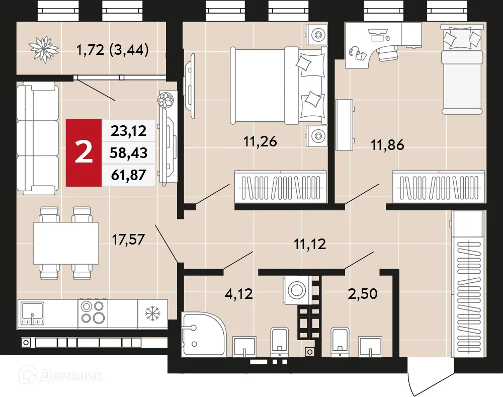 Планировка 2-комнатной квартиры 61.87 м² в ЖК Невский квартал, г. Верхняя Пышма — фото 1