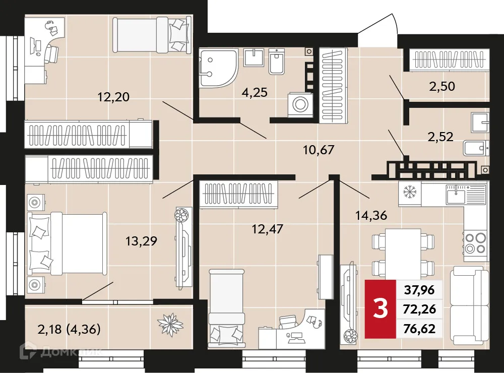 Планировка 3-комнатной квартиры 76.62 м² в ЖК Невский квартал, г. Верхняя Пышма — фото 1