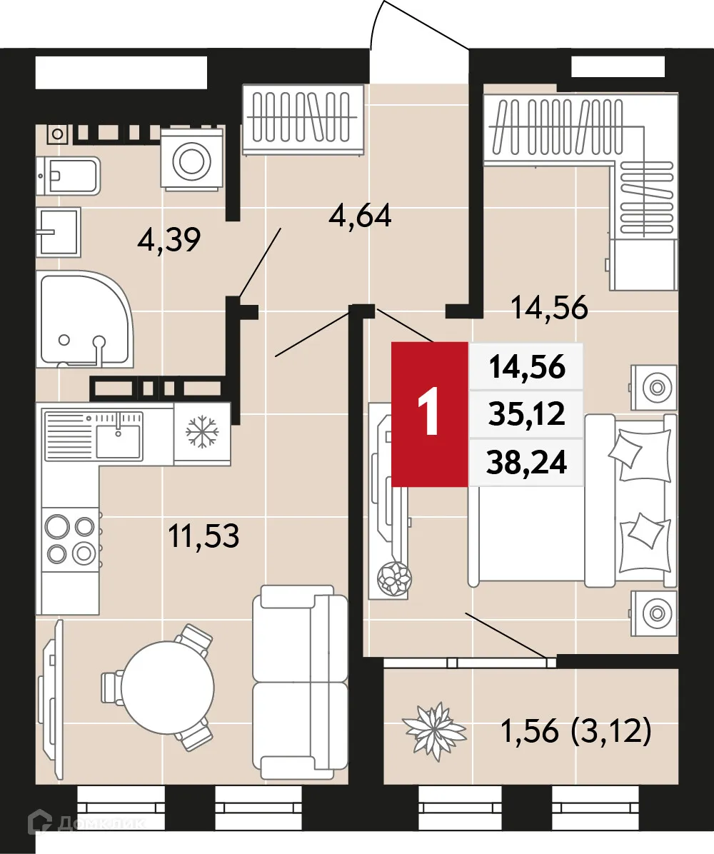Планировка 1-комнатной квартиры 38.24 м² в ЖК Невский квартал, г. Верхняя Пышма — фото 1
