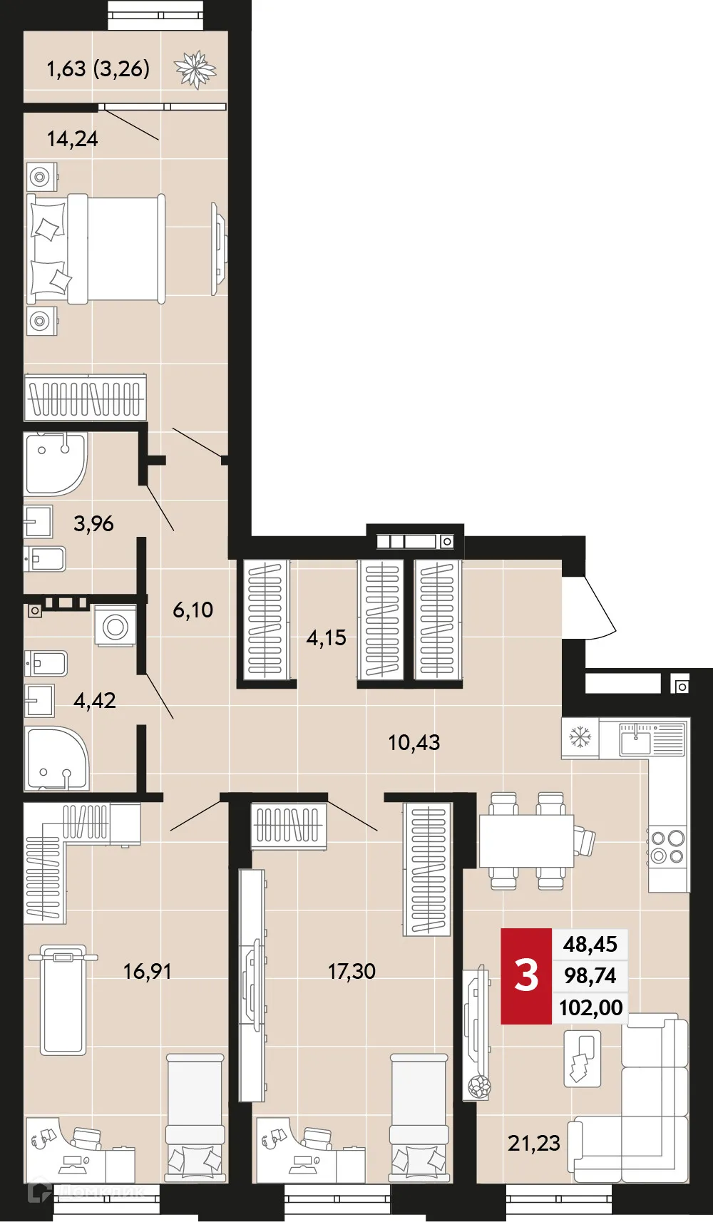 Планировка 3-комнатной квартиры 102 м² в ЖК Невский квартал, г. Верхняя Пышма — фото 1