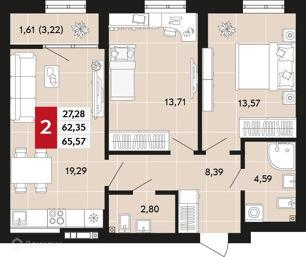 Планировка 2-комнатной квартиры 65.57 м² в ЖК Невский квартал, г. Верхняя Пышма — фото 1