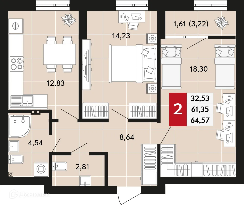 Планировка 2-комнатной квартиры 64.57 м² в ЖК Невский квартал, г. Верхняя Пышма — фото 1