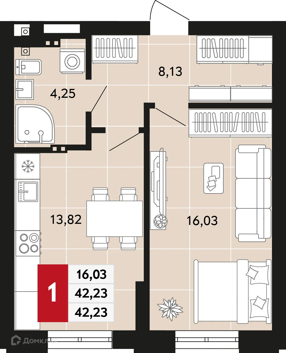 Планировка 1-комнатной квартиры 42.23 м² в ЖК Невский квартал, г. Верхняя Пышма — фото 1