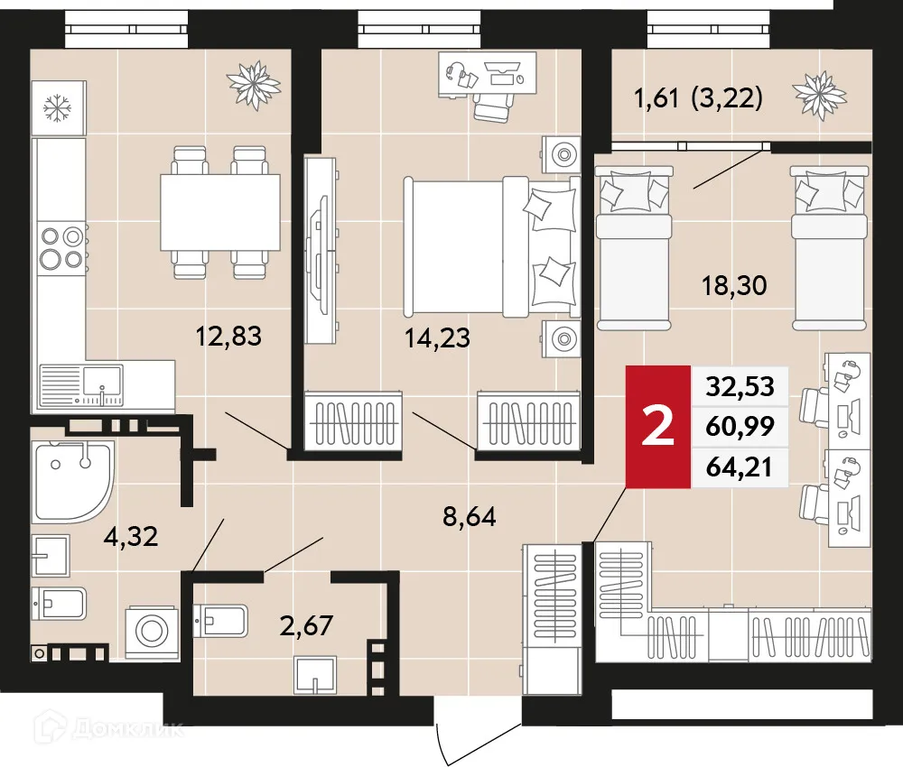 Планировка 2-комнатной квартиры 64.21 м² в ЖК Невский квартал, г. Верхняя Пышма — фото 1
