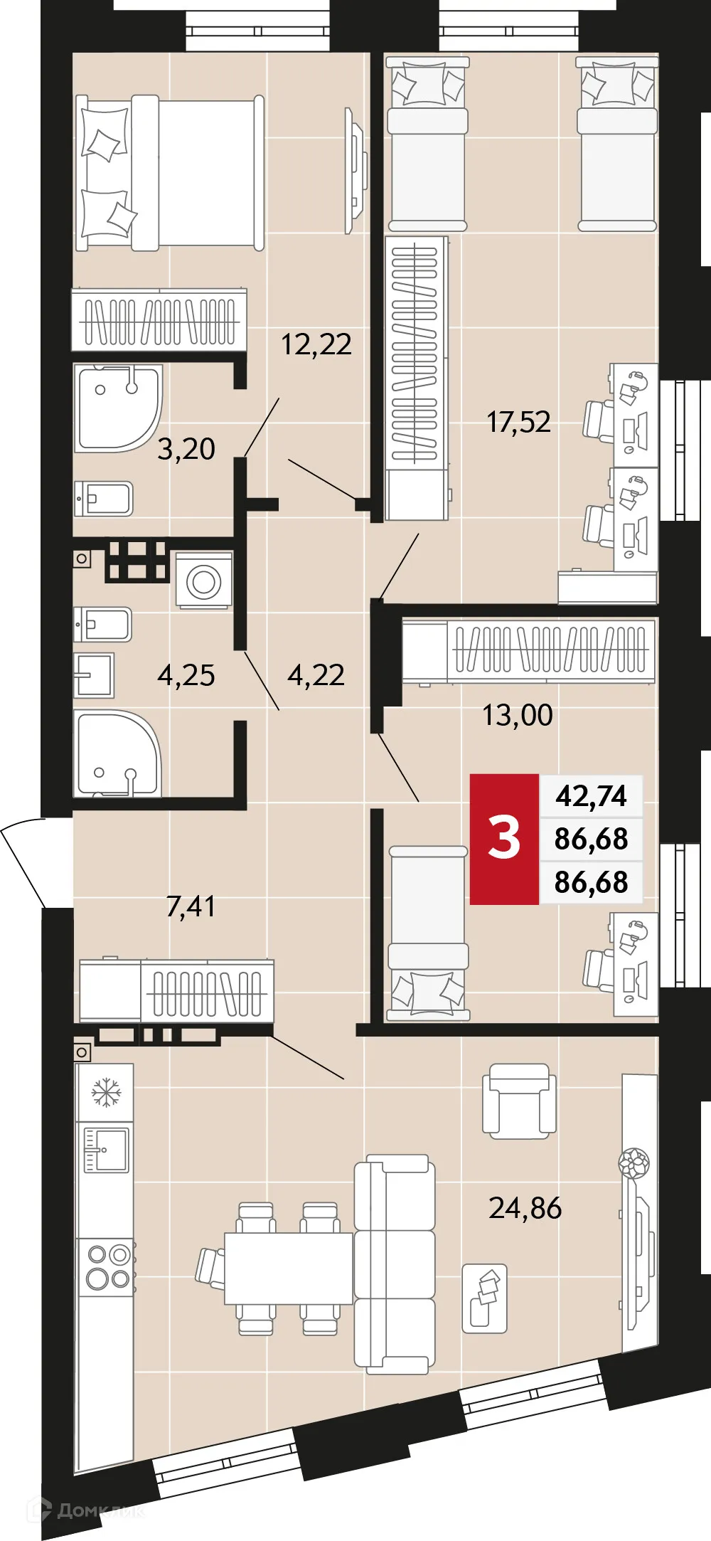 Планировка 3-комнатной квартиры 86.68 м² в ЖК Невский квартал, г. Верхняя Пышма — фото 1