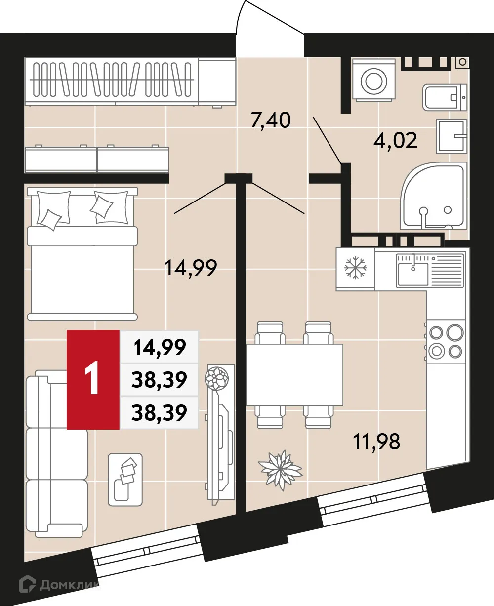 Планировка 1-комнатной квартиры 38.39 м² в ЖК Невский квартал, г. Верхняя Пышма — фото 1