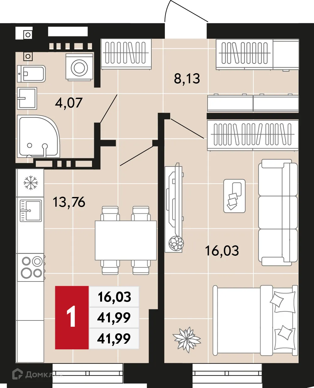 Планировка 1-комнатной квартиры 41.99 м² в ЖК Невский квартал, г. Верхняя Пышма — фото 1