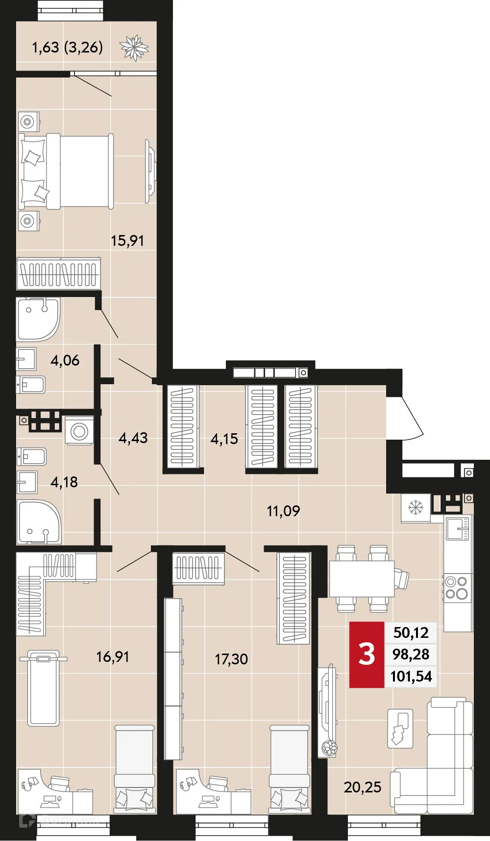 Планировка 3-комнатной квартиры 101.54 м² в ЖК Невский квартал, г. Верхняя Пышма — фото 1