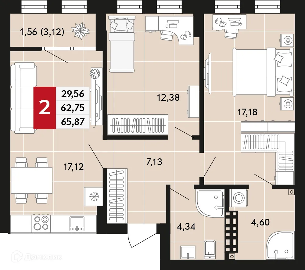 Планировка 2-комнатной квартиры 65.87 м² в ЖК Невский квартал, г. Верхняя Пышма — фото 1