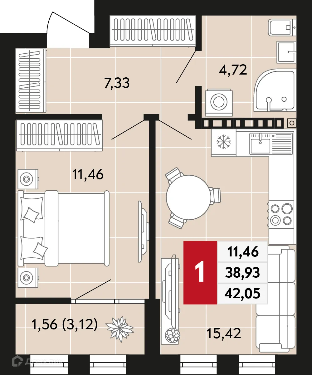 Планировка 1-комнатной квартиры 42.05 м² в ЖК Невский квартал, г. Верхняя Пышма — фото 1