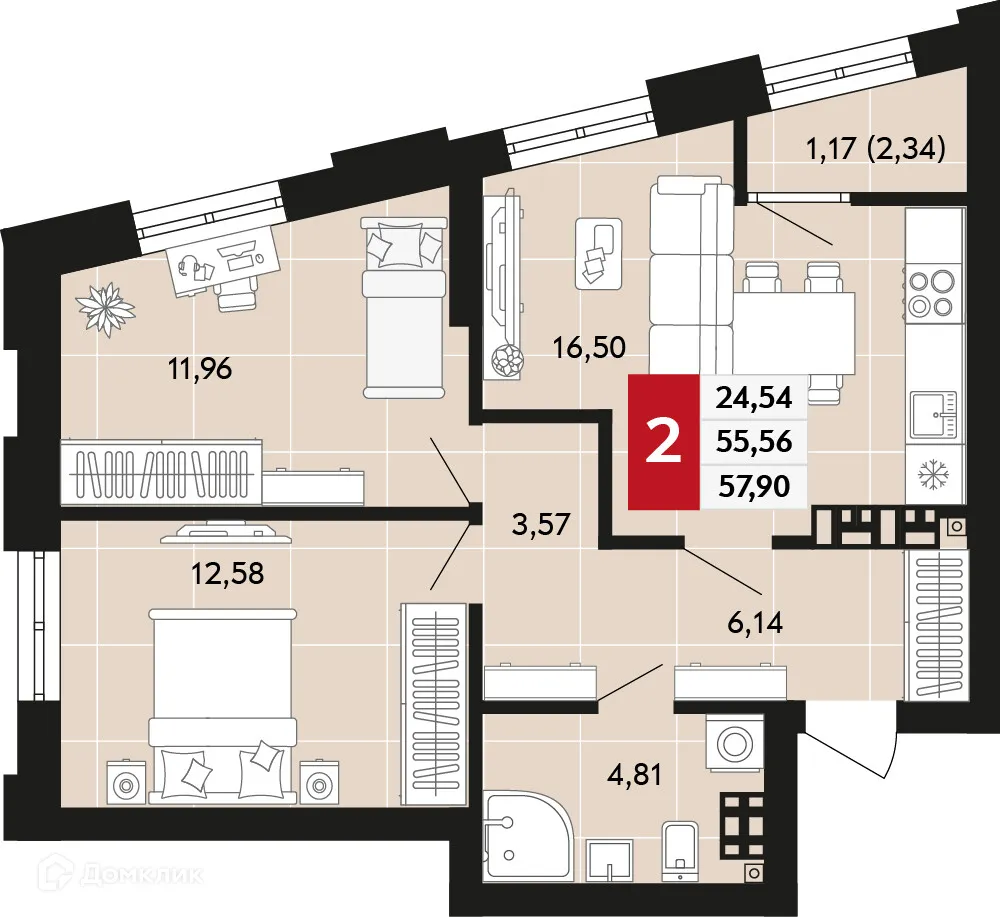 Планировка 2-комнатной квартиры 57.9 м² в ЖК Невский квартал, г. Верхняя Пышма — фото 1